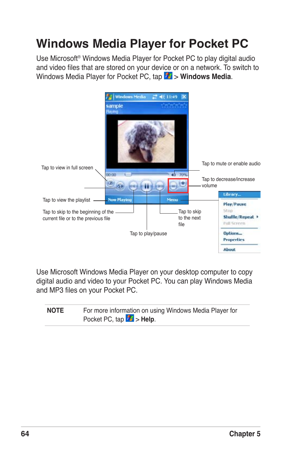 Windows media player for pocket pc, 64 chapter 5, Use microsoft | Asus MyPal A639 User Manual | Page 70 / 104