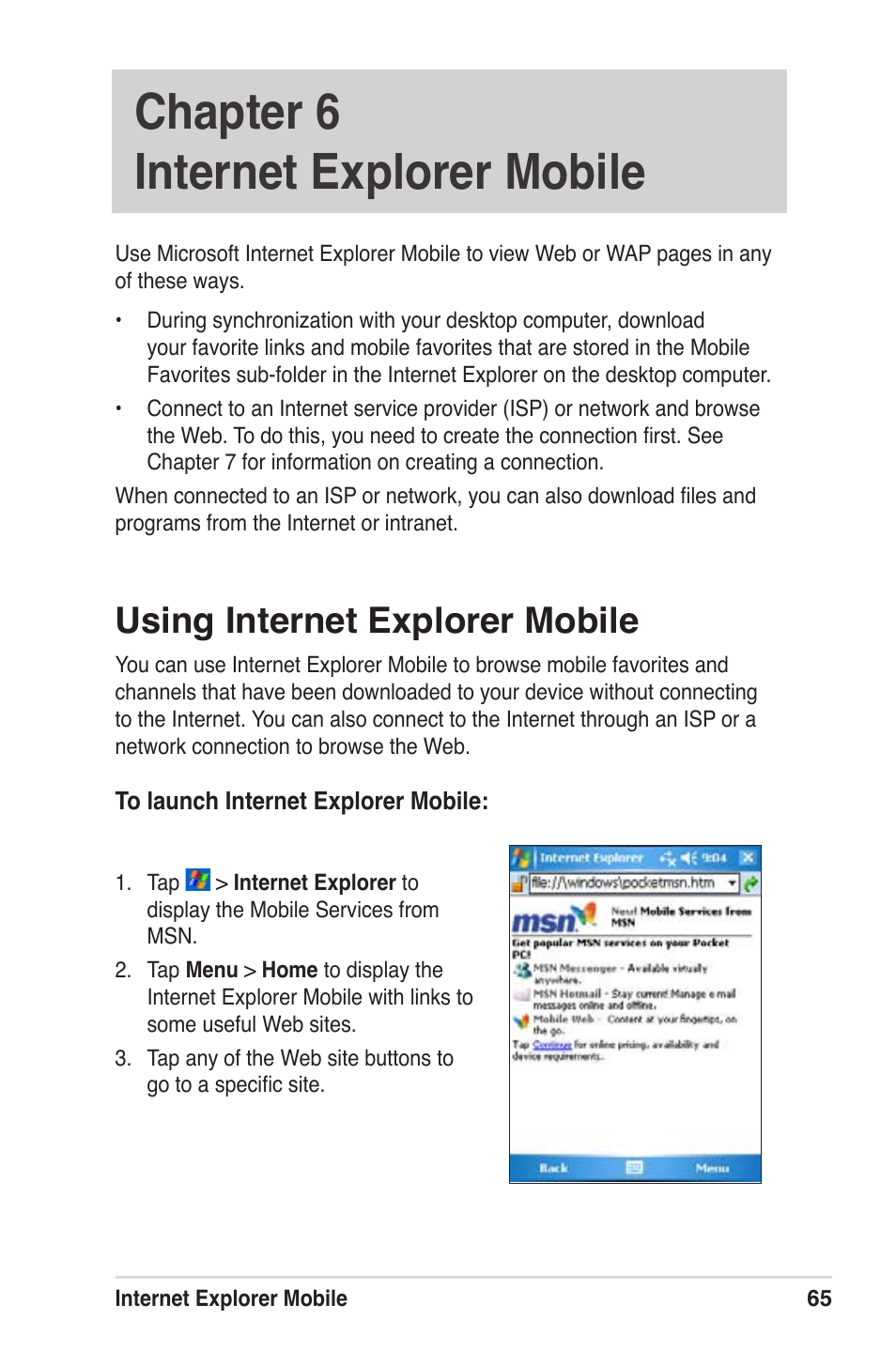 Chapter 6 internet explorer mobile, Using internet explorer mobile | Asus MyPal A639 User Manual | Page 71 / 104