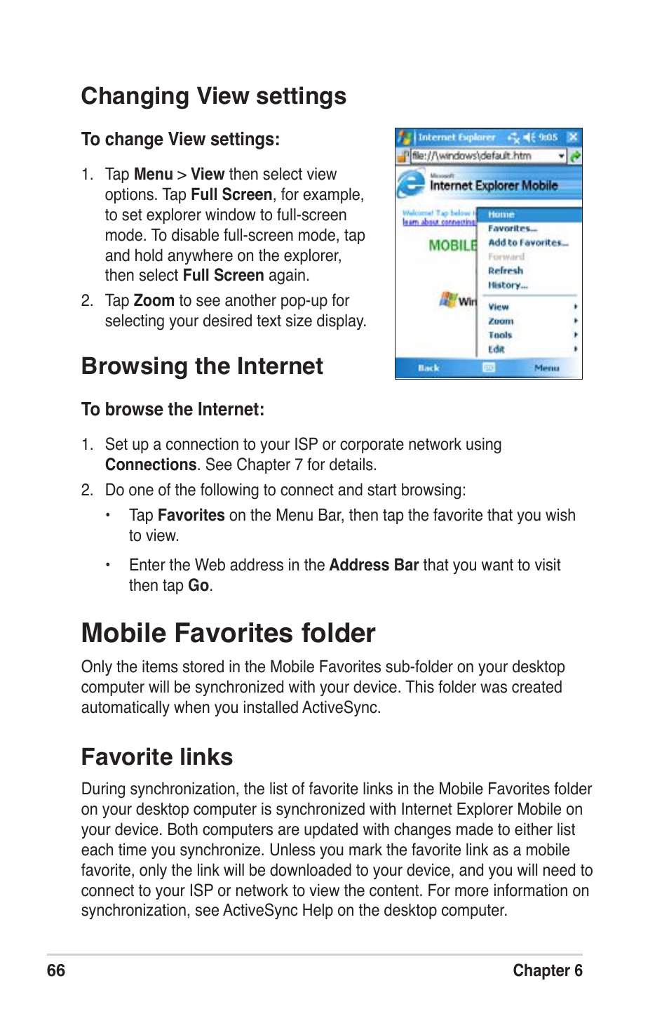 Mobile favorites folder, Favorite links, Changing view settings | Browsing the internet | Asus MyPal A639 User Manual | Page 72 / 104