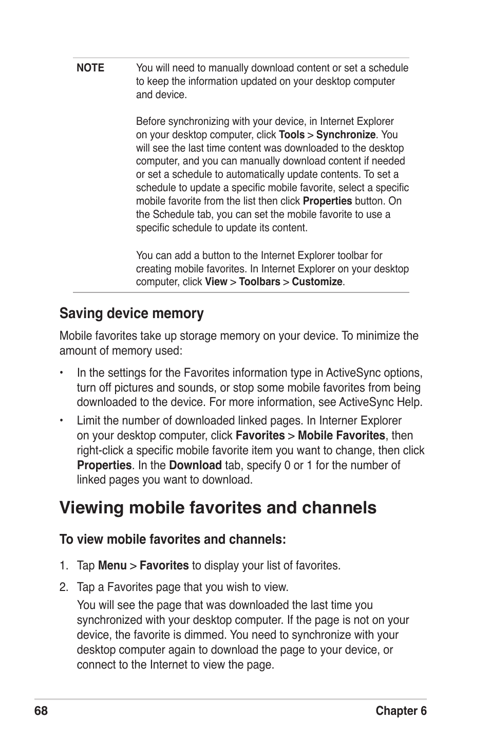 Viewing mobile favorites and channels | Asus MyPal A639 User Manual | Page 74 / 104