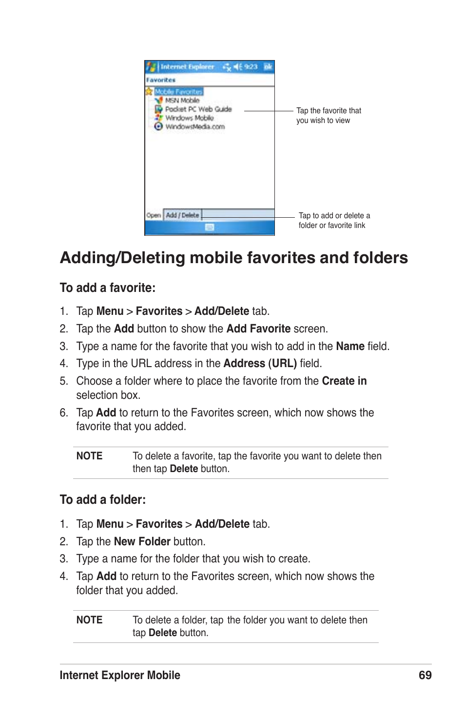 Adding/deleting mobile favorites and folders | Asus MyPal A639 User Manual | Page 75 / 104