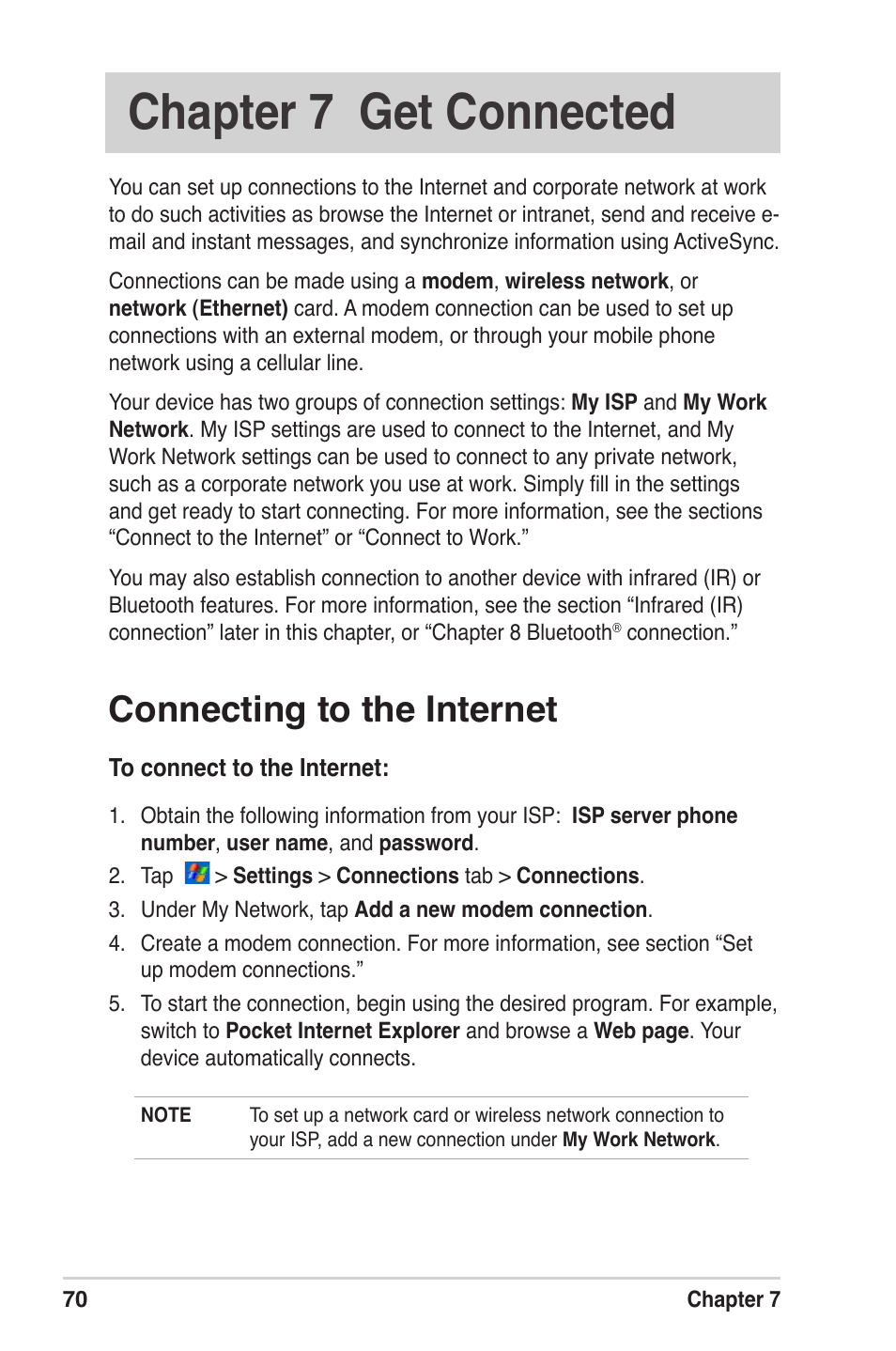 Chapter 7 get connected, Connecting to the internet | Asus MyPal A639 User Manual | Page 76 / 104