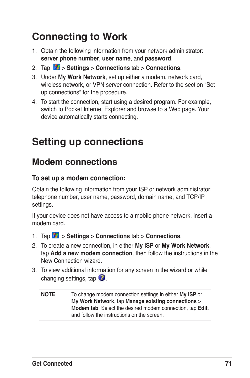 Connecting to work, Setting up connections, Modem connections | Asus MyPal A639 User Manual | Page 77 / 104