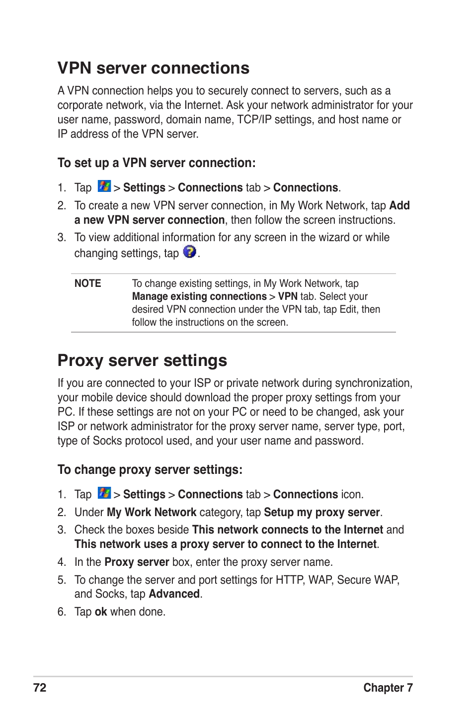 Vpn server connections, Proxy server settings | Asus MyPal A639 User Manual | Page 78 / 104