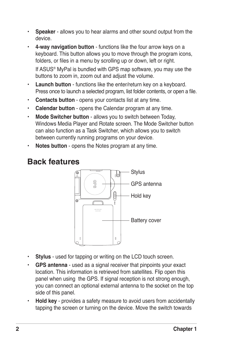 Back features | Asus MyPal A639 User Manual | Page 8 / 104