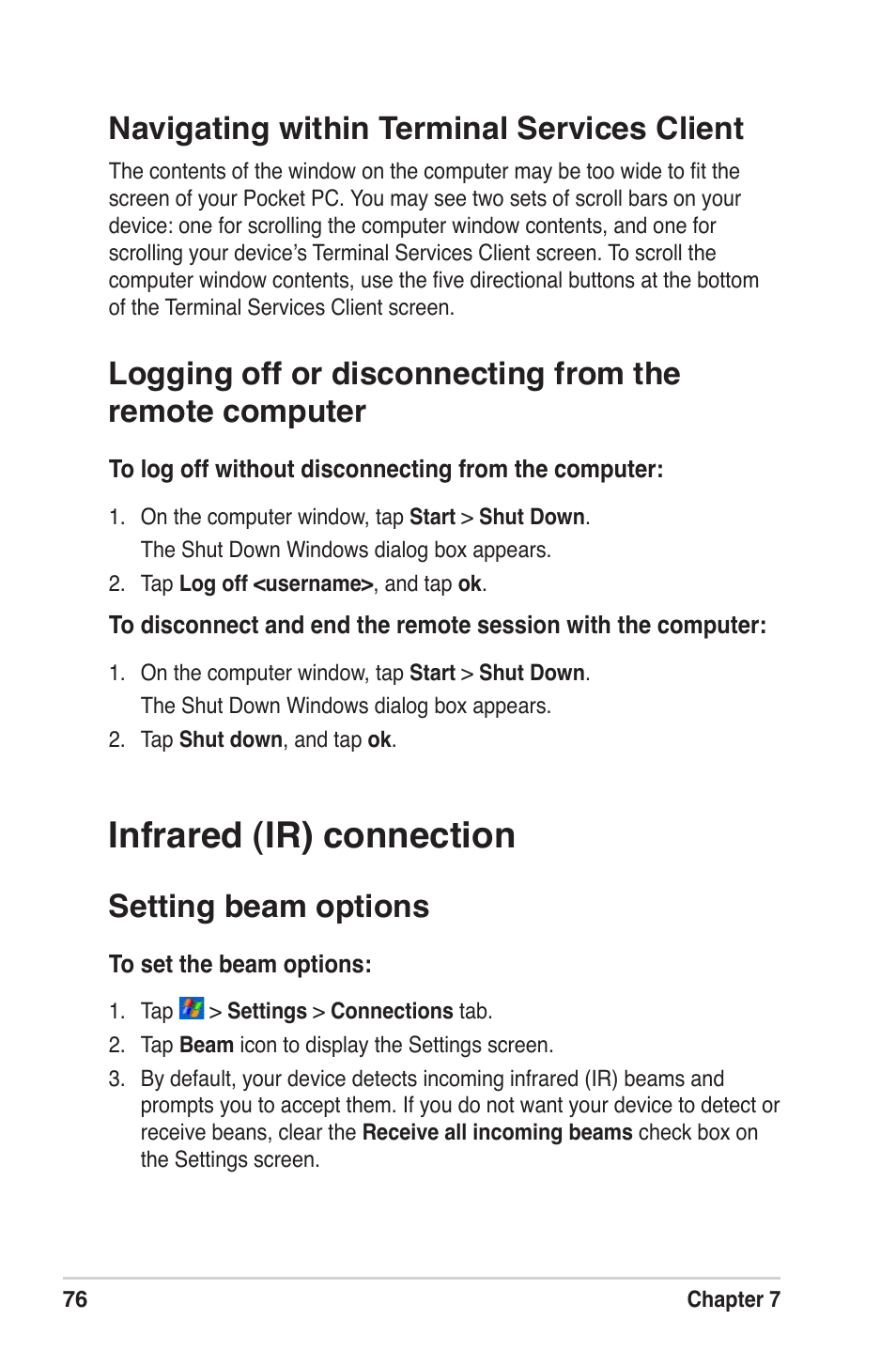 Infrared (ir) connection, Navigating within terminal services client, Setting beam options | Asus MyPal A639 User Manual | Page 82 / 104