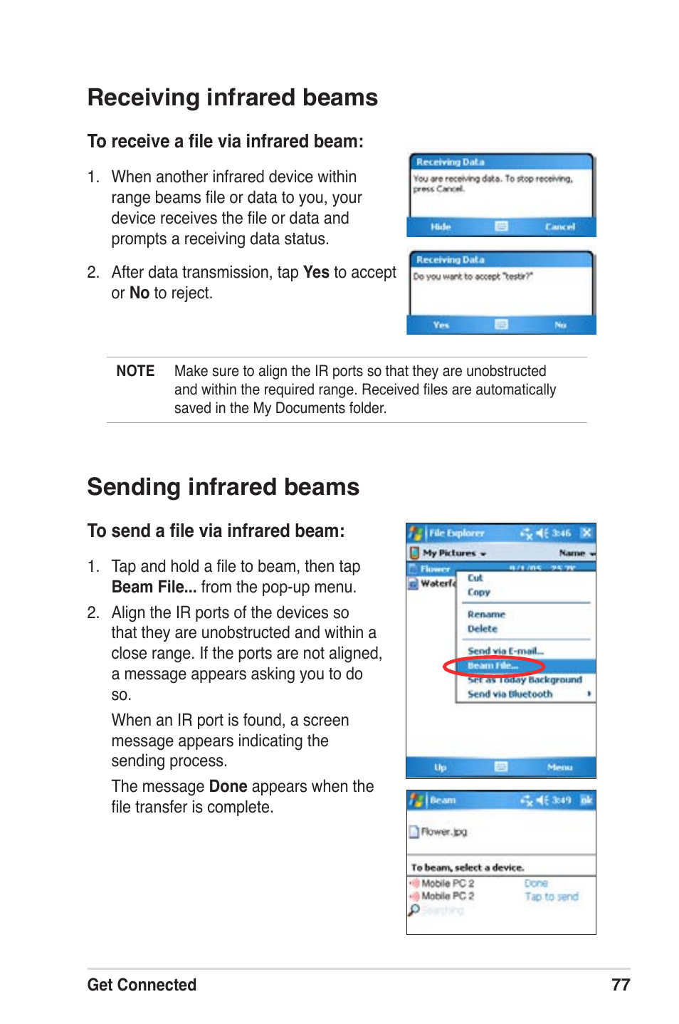 Receiving infrared beams, Sending infrared beams | Asus MyPal A639 User Manual | Page 83 / 104