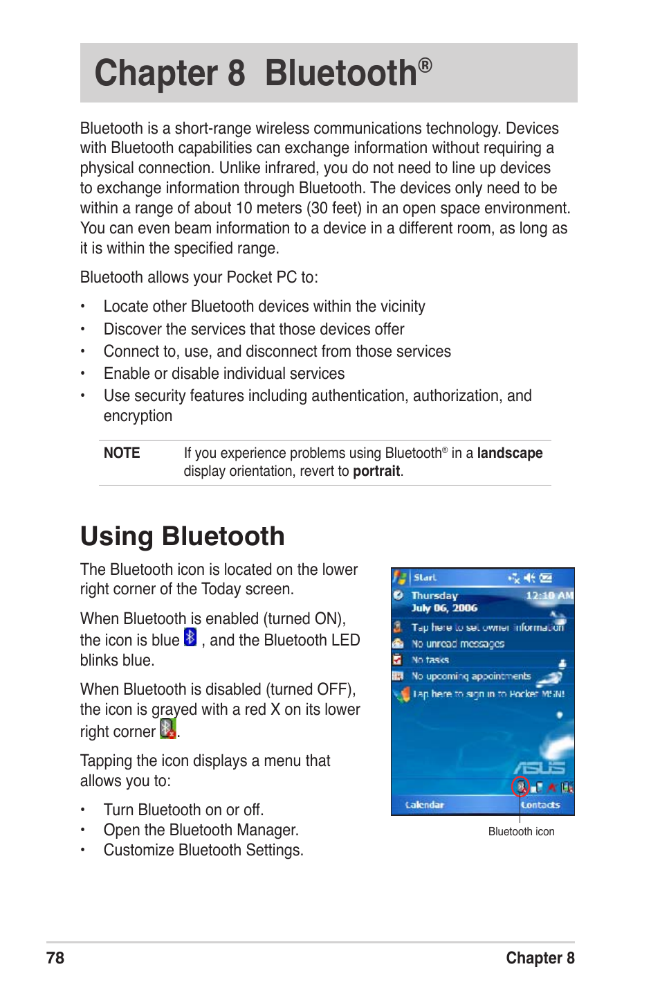 Chapter 8 bluetooth, Using bluetooth | Asus MyPal A639 User Manual | Page 84 / 104