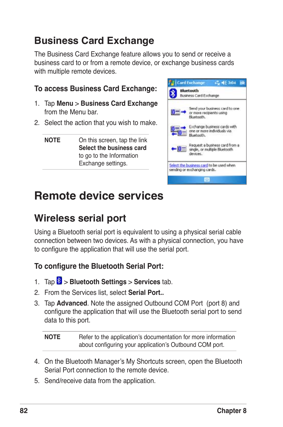 Remote device services, Business card exchange, Wireless serial port | Asus MyPal A639 User Manual | Page 88 / 104