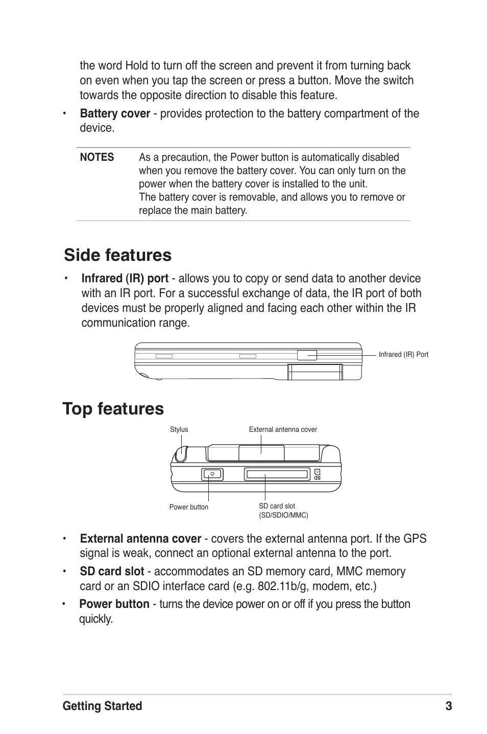 Side features, Top features | Asus MyPal A639 User Manual | Page 9 / 104