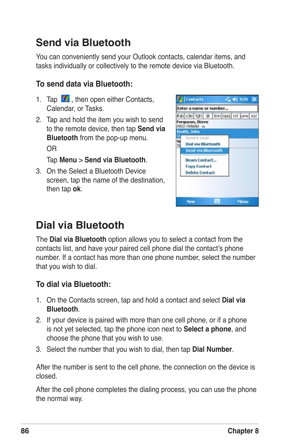 Dial via bluetooth, Send via bluetooth | Asus MyPal A639 User Manual | Page 92 / 104