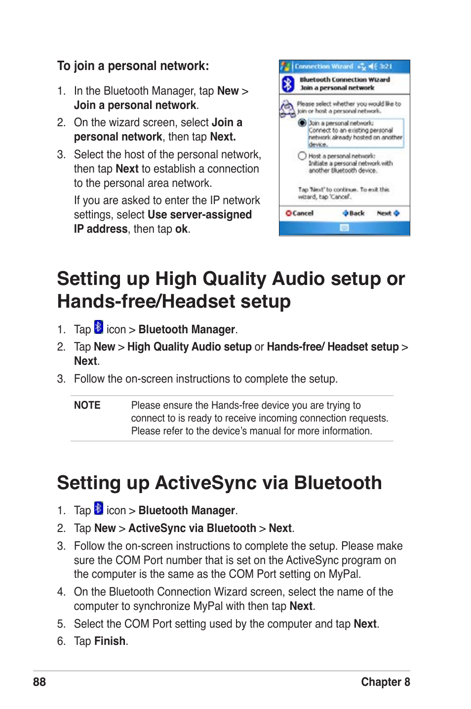 Setting up activesync via bluetooth | Asus MyPal A639 User Manual | Page 94 / 104