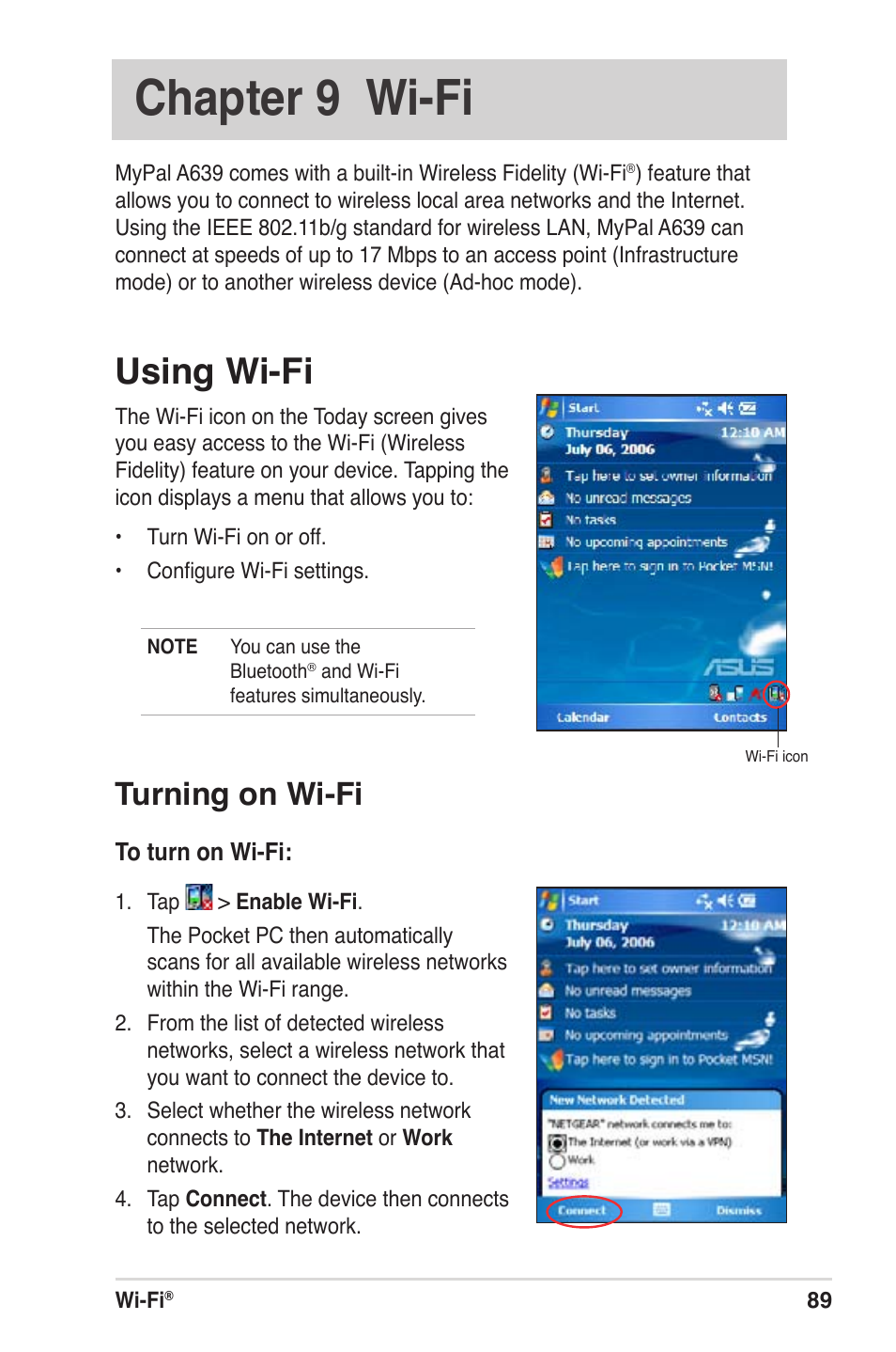 Chapter 9 wi-fi, Using wi-fi, Turning on wi-fi | Asus MyPal A639 User Manual | Page 95 / 104