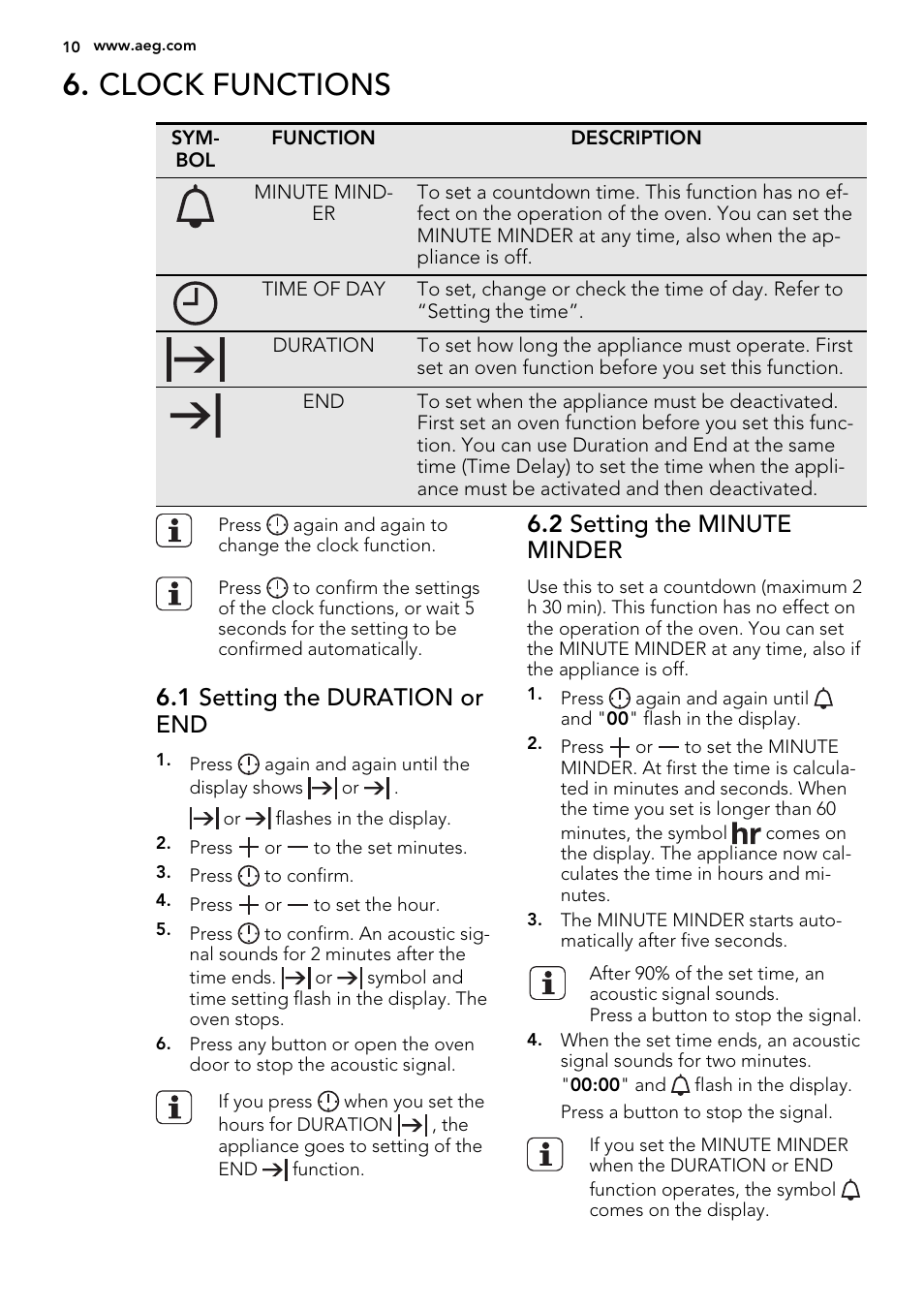 Clock functions, 1 setting the duration or end, 2 setting the minute minder | AEG BP5304001B User Manual | Page 10 / 40