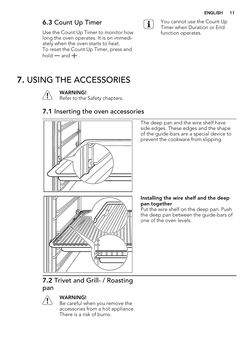 Using the accessories, 3 count up timer, 1 inserting the oven accessories | 2 trivet and grill- / roasting pan | AEG BP5304001B User Manual | Page 11 / 40