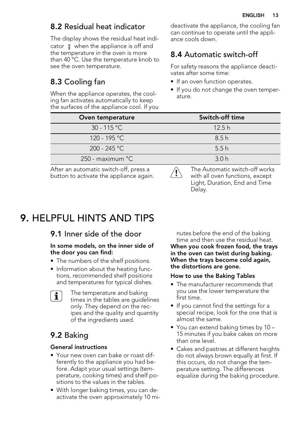 Helpful hints and tips, 2 residual heat indicator, 3 cooling fan | 4 automatic switch-off, 1 inner side of the door, 2 baking | AEG BP5304001B User Manual | Page 13 / 40