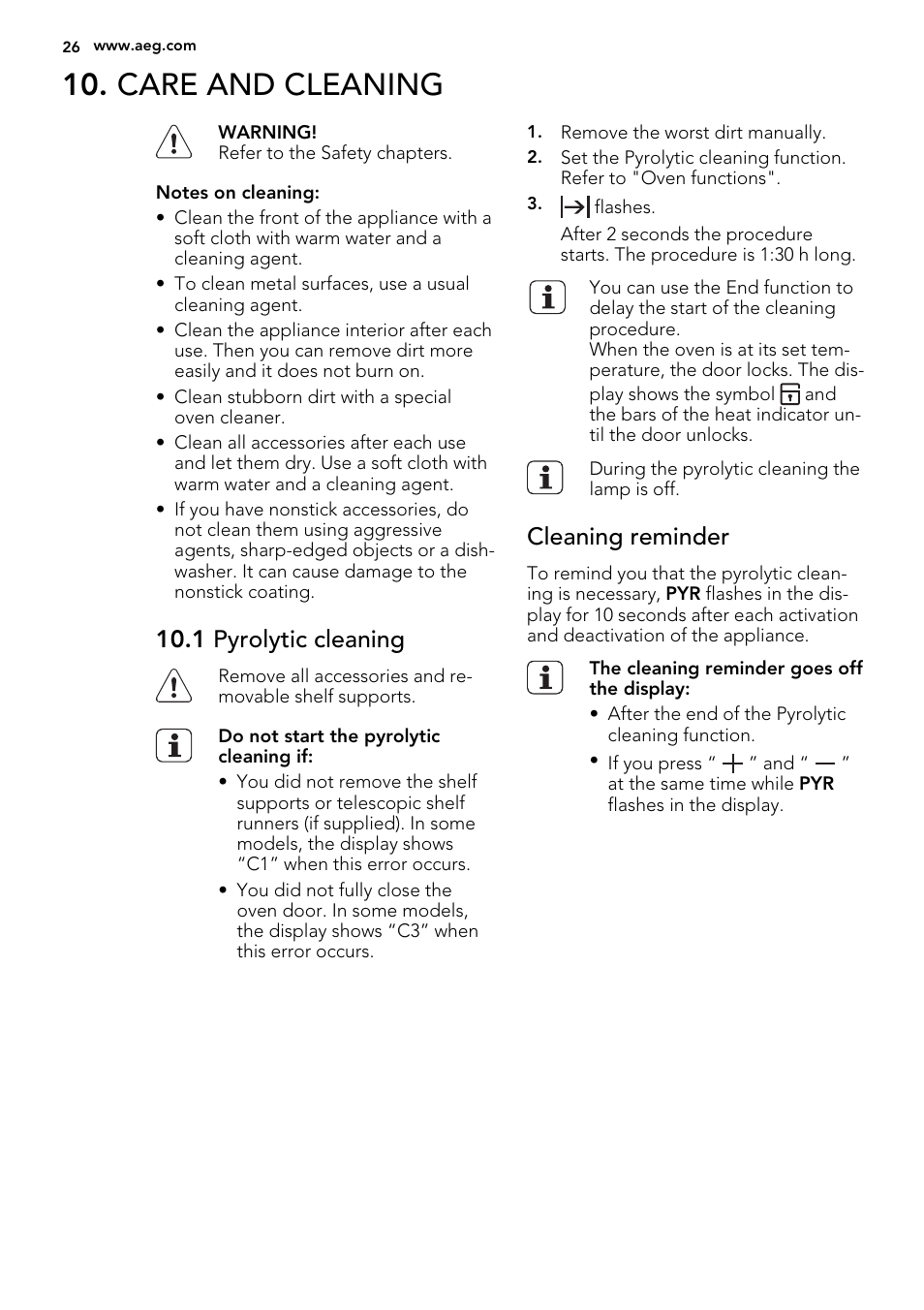 Care and cleaning, 1 pyrolytic cleaning, Cleaning reminder | AEG BP5304001B User Manual | Page 26 / 40