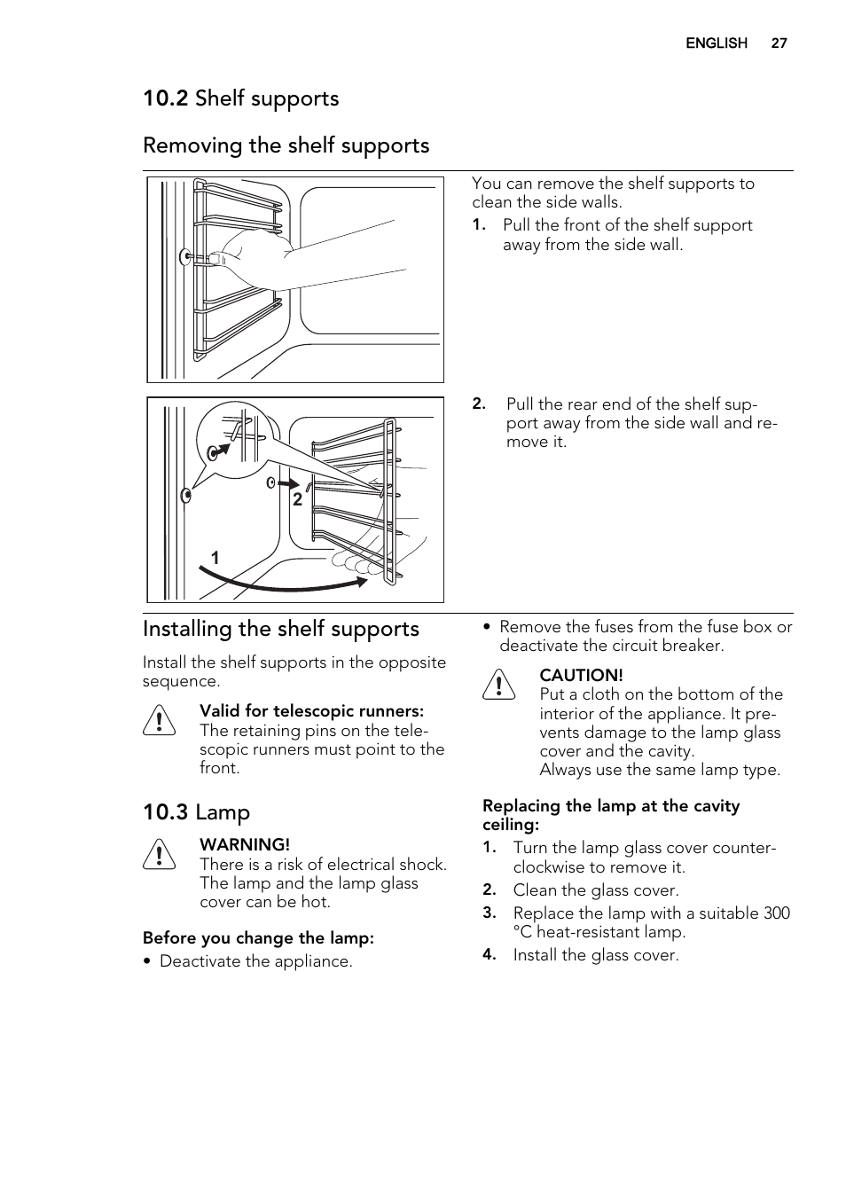 2 shelf supports removing the shelf supports, Installing the shelf supports, 3 lamp | AEG BP5304001B User Manual | Page 27 / 40
