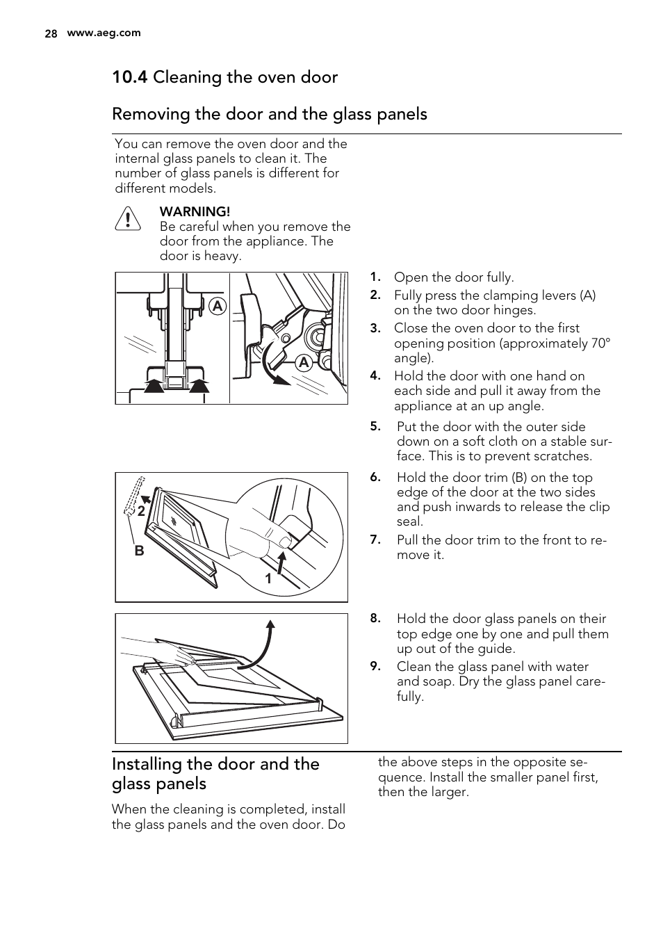 Installing the door and the glass panels | AEG BP5304001B User Manual | Page 28 / 40