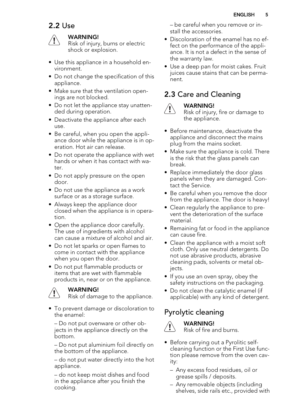 2 use, 3 care and cleaning, Pyrolytic cleaning | AEG BP5304001B User Manual | Page 5 / 40