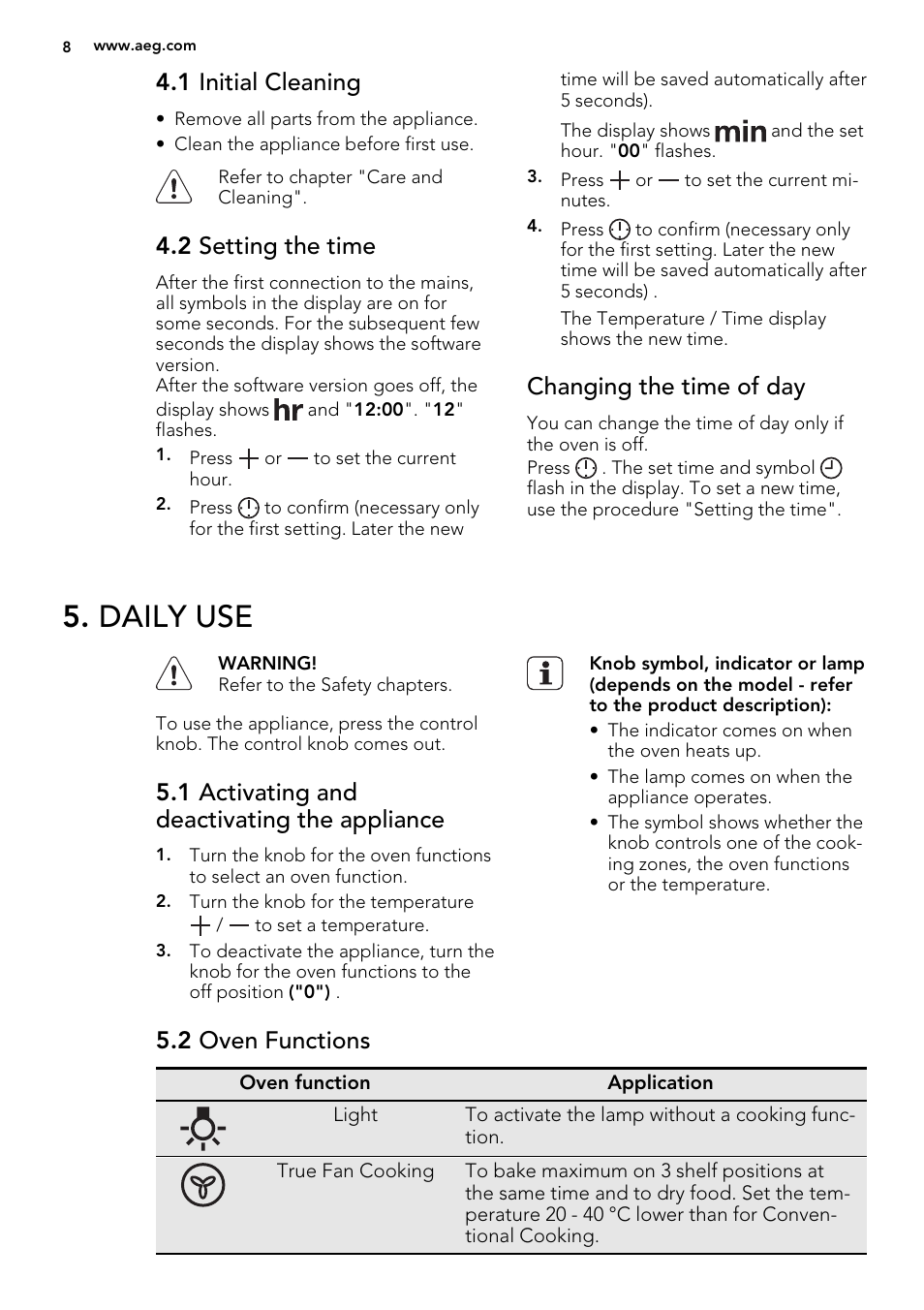 Daily use, 1 initial cleaning, 2 setting the time | Changing the time of day, 1 activating and deactivating the appliance, 2 oven functions | AEG BP5304001B User Manual | Page 8 / 40