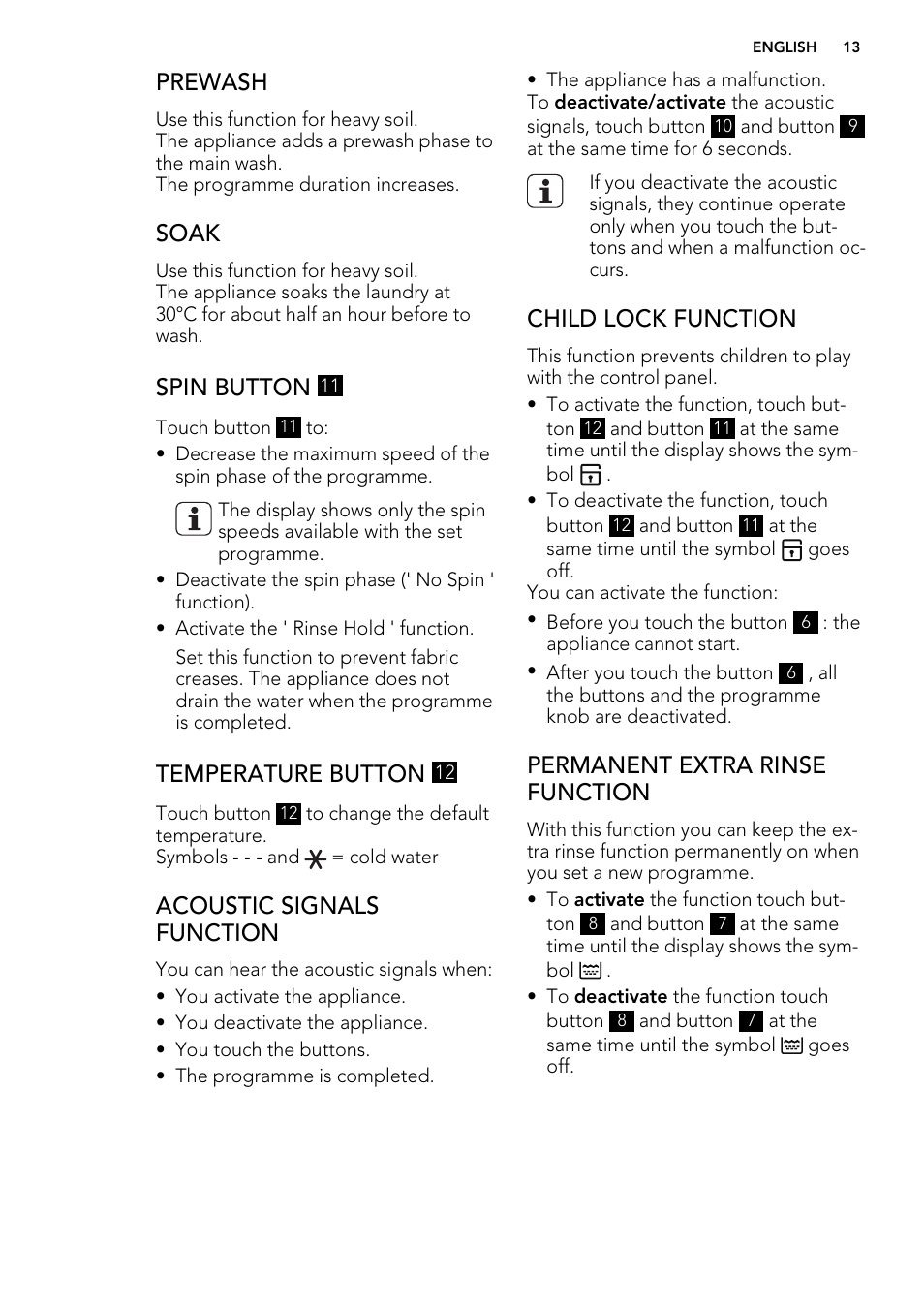 Prewash, Soak, Spin button | Temperature button, Acoustic signals function, Child lock function, Permanent extra rinse function | AEG L61271WDBI User Manual | Page 13 / 44