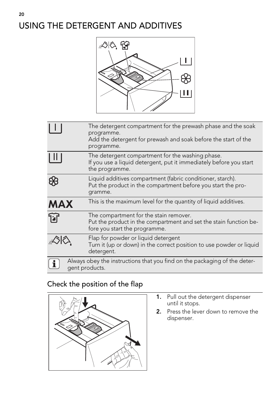 Using the detergent and additives | AEG L61271WDBI User Manual | Page 20 / 44