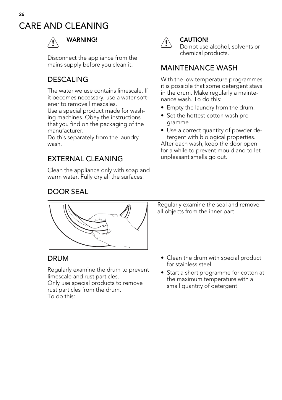 Care and cleaning | AEG L61271WDBI User Manual | Page 26 / 44