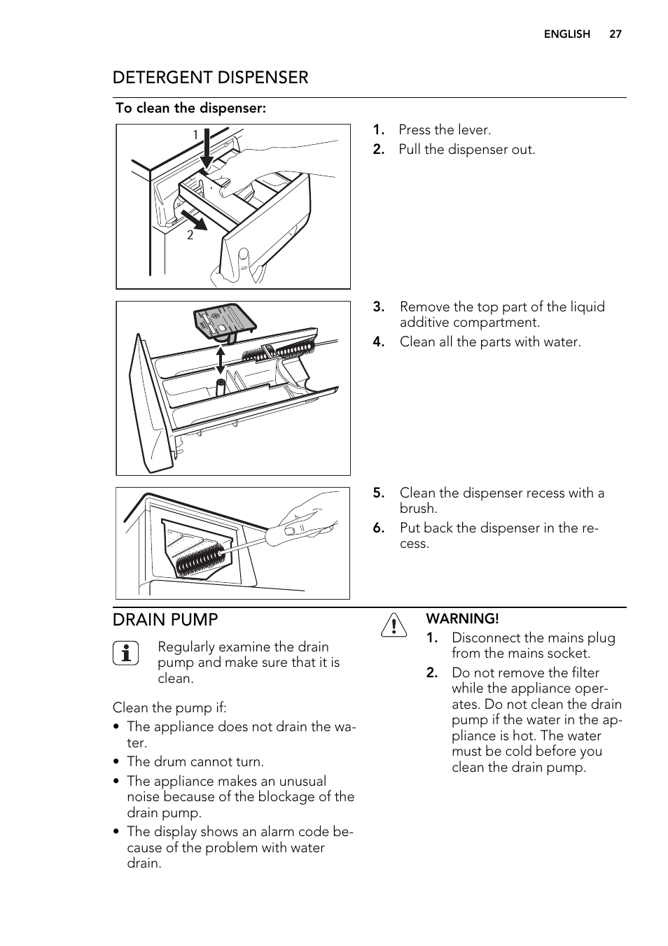 Detergent dispenser, Drain pump | AEG L61271WDBI User Manual | Page 27 / 44