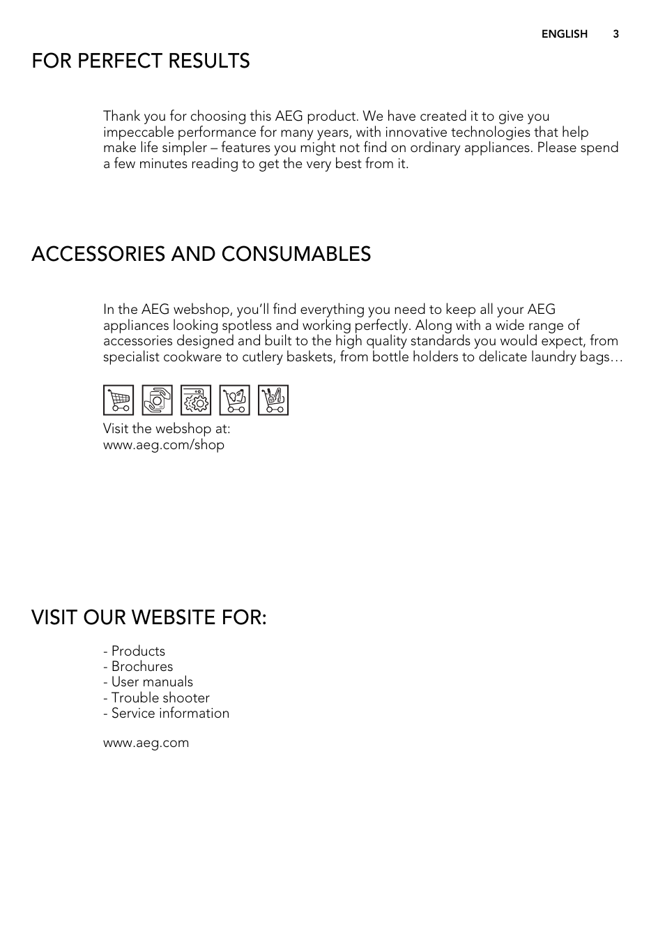 For perfect results, Accessories and consumables, Visit our website for | AEG L61271WDBI User Manual | Page 3 / 44