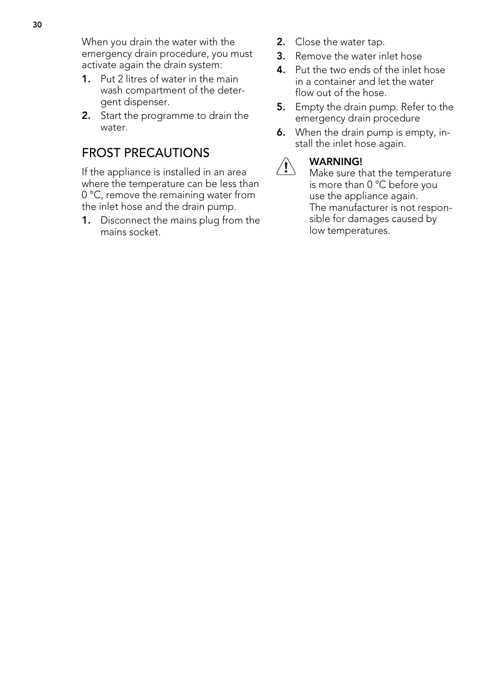 Frost precautions | AEG L61271WDBI User Manual | Page 30 / 44