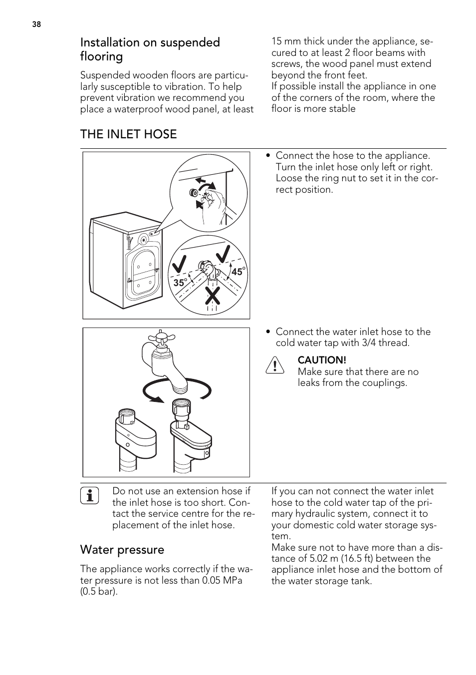 Installation on suspended flooring, The inlet hose, Water pressure | AEG L61271WDBI User Manual | Page 38 / 44