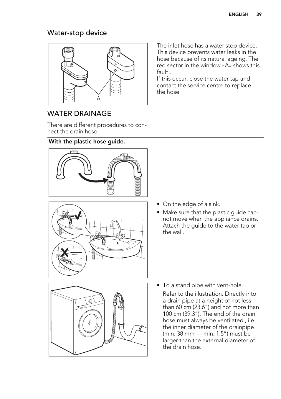 Water-stop device, Water drainage | AEG L61271WDBI User Manual | Page 39 / 44