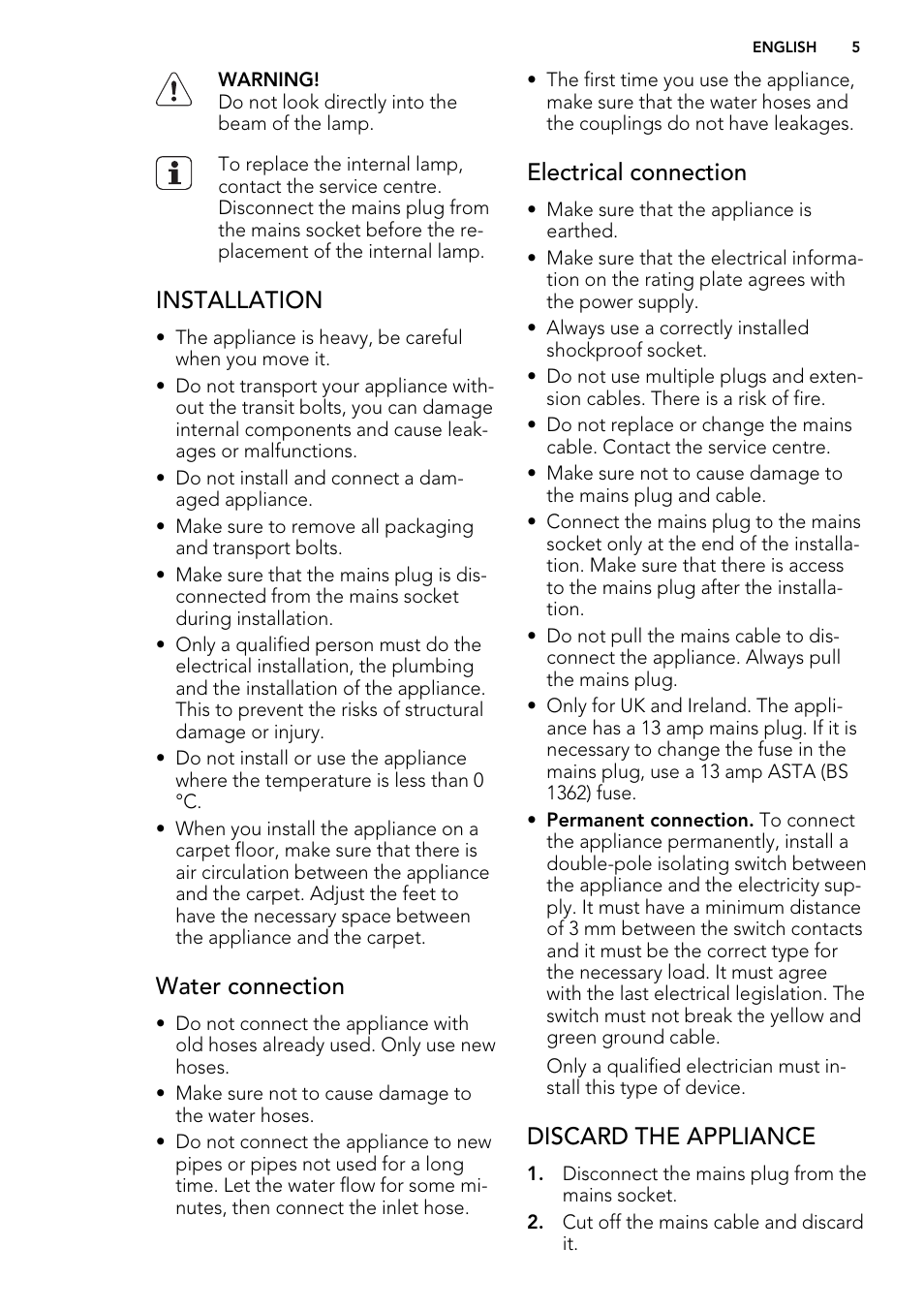 Installation, Water connection, Electrical connection | Discard the appliance | AEG L61271WDBI User Manual | Page 5 / 44