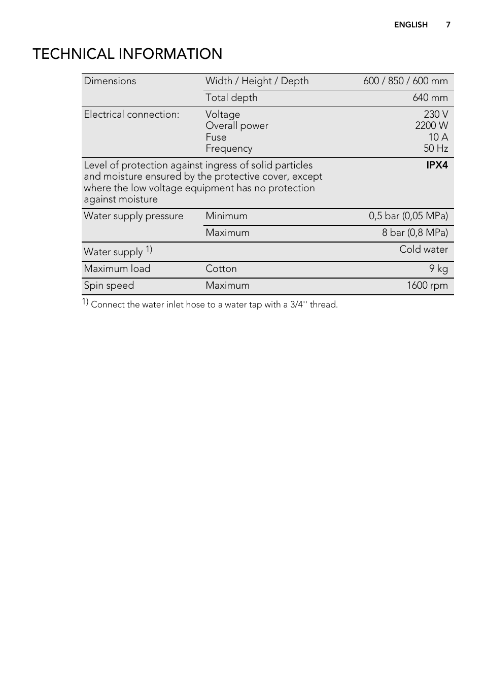 Technical information | AEG L61271WDBI User Manual | Page 7 / 44