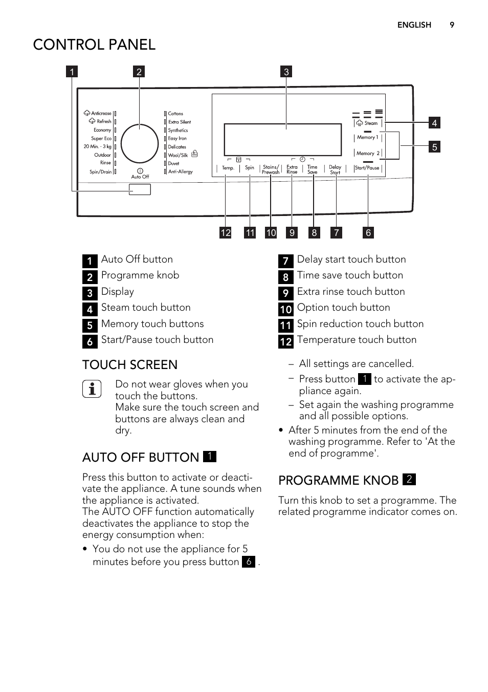 Control panel, Touch screen, Auto off button | Programme knob | AEG L61271WDBI User Manual | Page 9 / 44