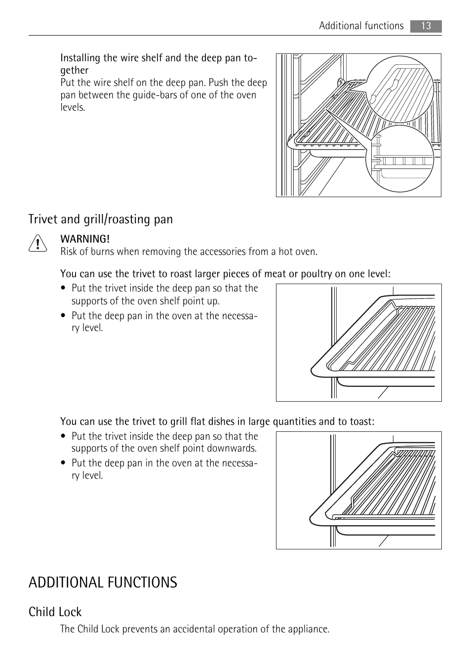 Additional functions, Trivet and grill/roasting pan, Child lock | AEG BP5304001B User Manual | Page 13 / 36