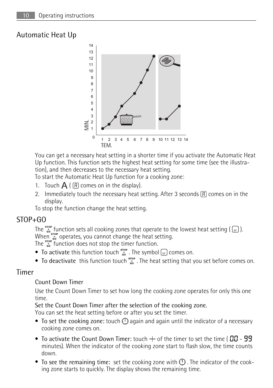 Automatic heat up, Stop+go, Timer | AEG HK614010BB User Manual | Page 10 / 16