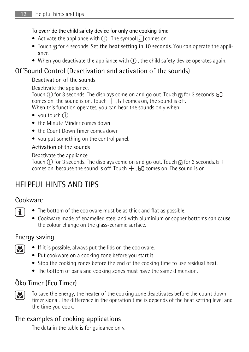 Helpful hints and tips, Cookware, Energy saving | Öko timer (eco timer), The examples of cooking applications | AEG HK614010BB User Manual | Page 12 / 16