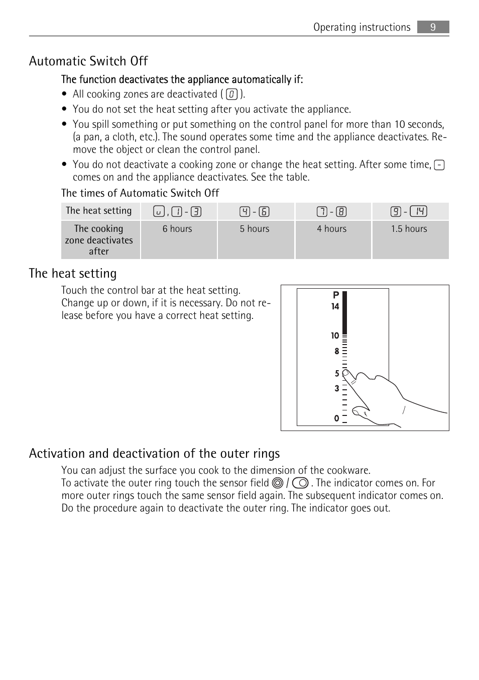 Automatic switch off, The heat setting, Activation and deactivation of the outer rings | AEG HK614010BB User Manual | Page 9 / 16