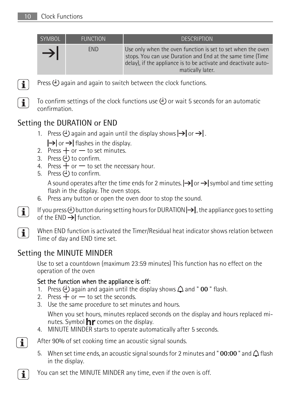 Setting the duration or end, Setting the minute minder | AEG BP5304001B User Manual | Page 10 / 32