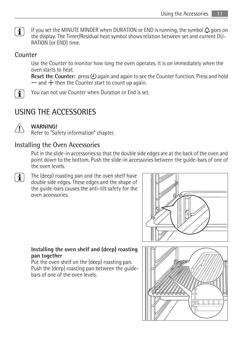 Using the accessories, Counter, Installing the oven accessories | AEG BP5304001B User Manual | Page 11 / 32