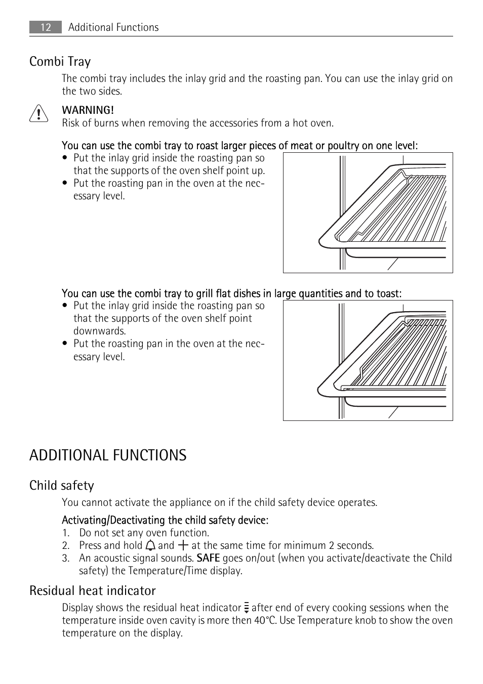 Additional functions, Combi tray, Child safety | Residual heat indicator | AEG BP5304001B User Manual | Page 12 / 32