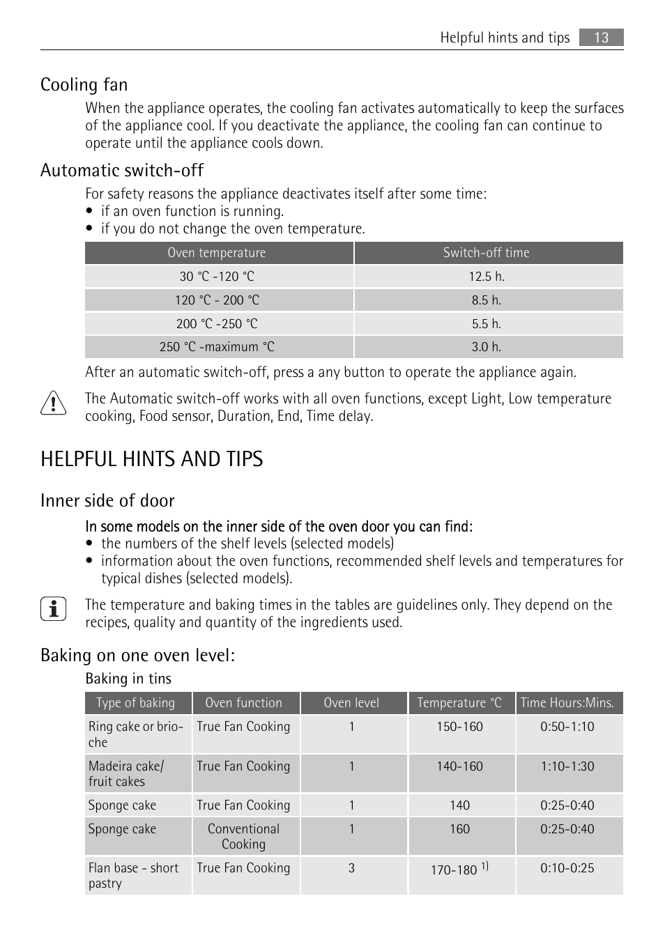 Helpful hints and tips, Cooling fan, Automatic switch-off | Inner side of door, Baking on one oven level | AEG BP5304001B User Manual | Page 13 / 32