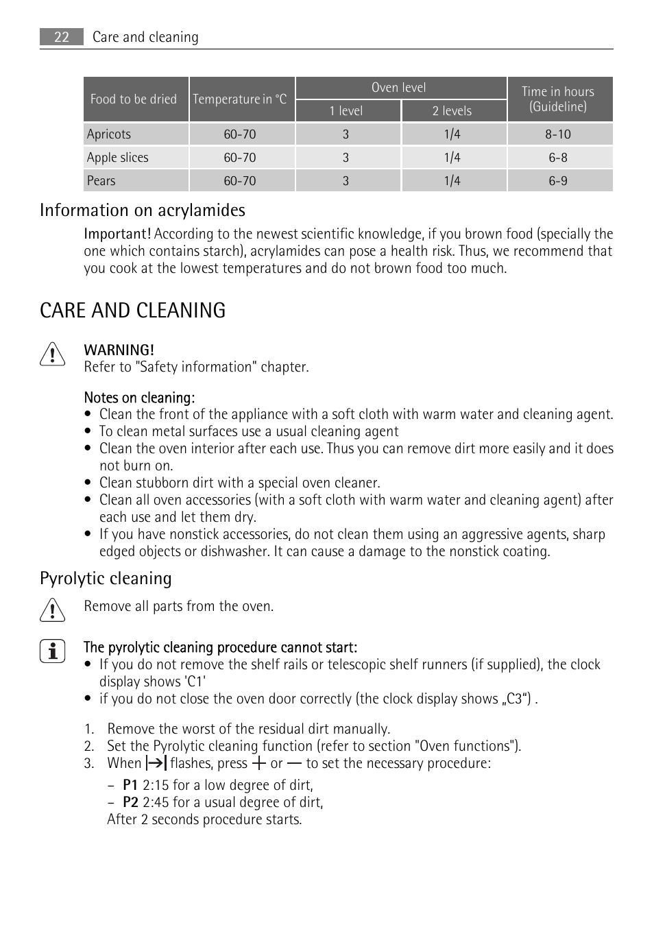 Care and cleaning, Information on acrylamides, Pyrolytic cleaning | AEG BP5304001B User Manual | Page 22 / 32