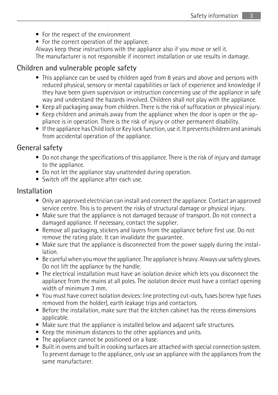 Children and vulnerable people safety, General safety, Installation | AEG BP5304001B User Manual | Page 3 / 32