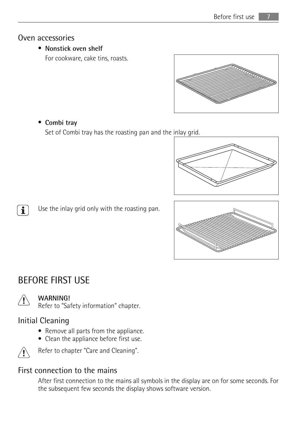 Before first use, Oven accessories, Initial cleaning | First connection to the mains | AEG BP5304001B User Manual | Page 7 / 32