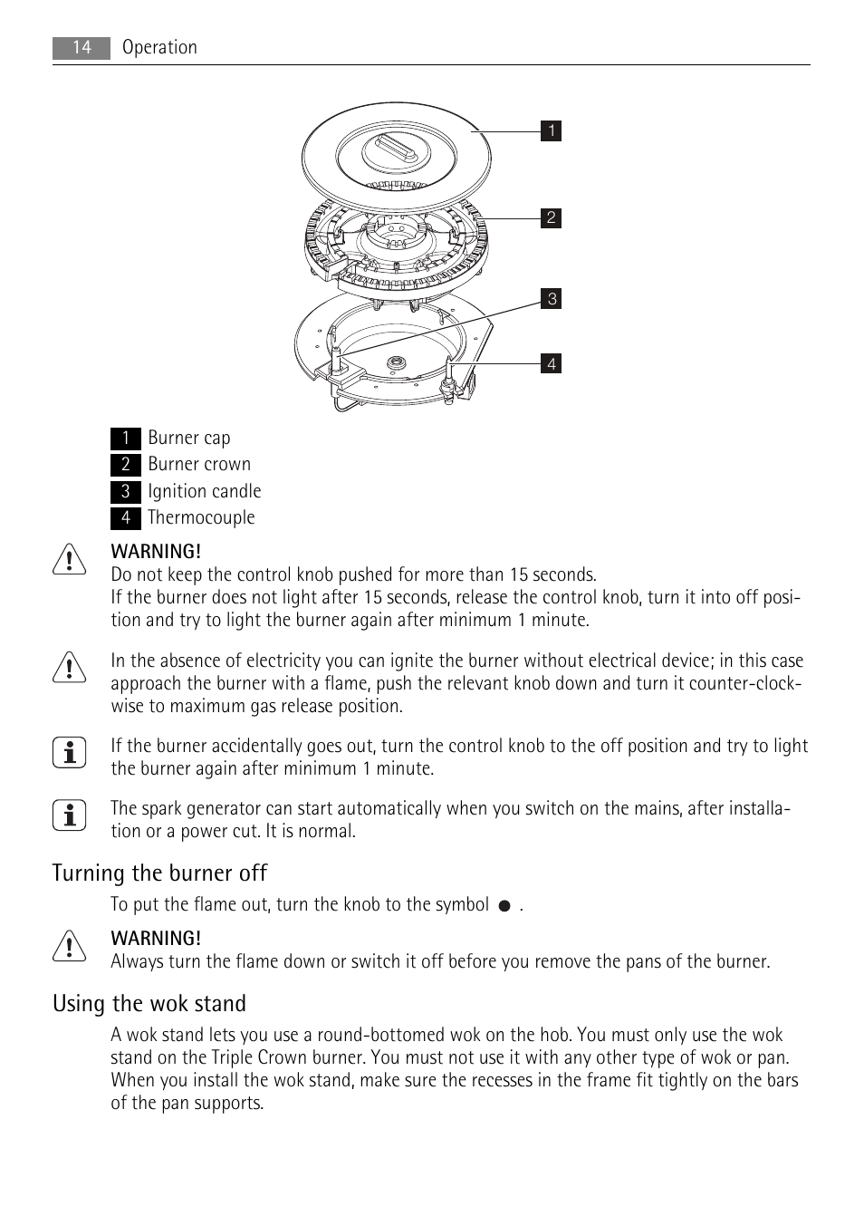 Turning the burner off, Using the wok stand | AEG HG795440NB User Manual | Page 14 / 24