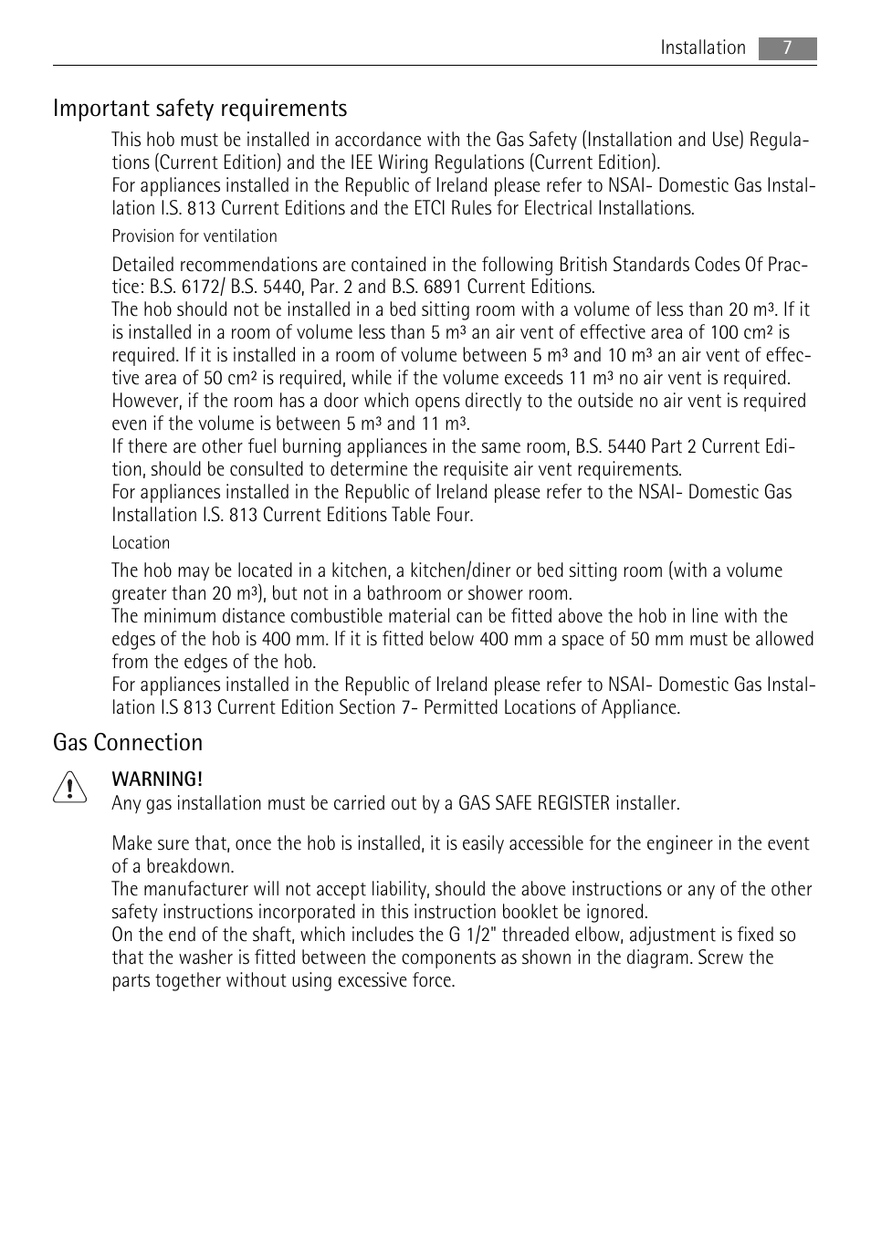 Important safety requirements, Gas connection | AEG HG795440NB User Manual | Page 7 / 24