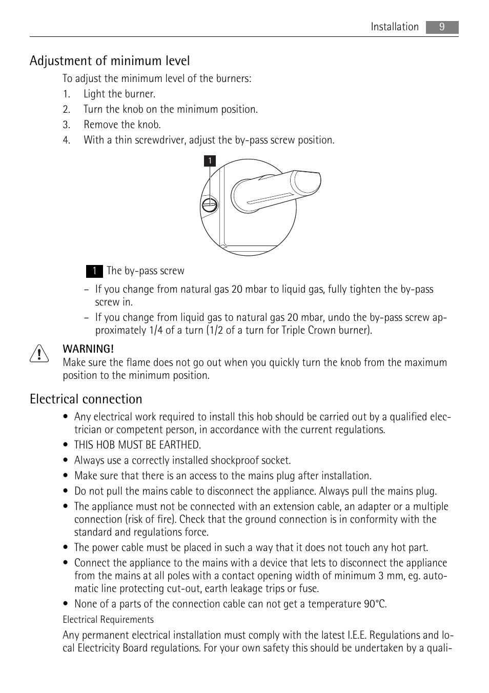 Adjustment of minimum level, Electrical connection | AEG HG795440NB User Manual | Page 9 / 24